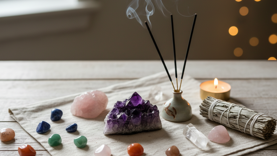 Incense sticks with smoke, crystals, and a candle on a wooden surface.
