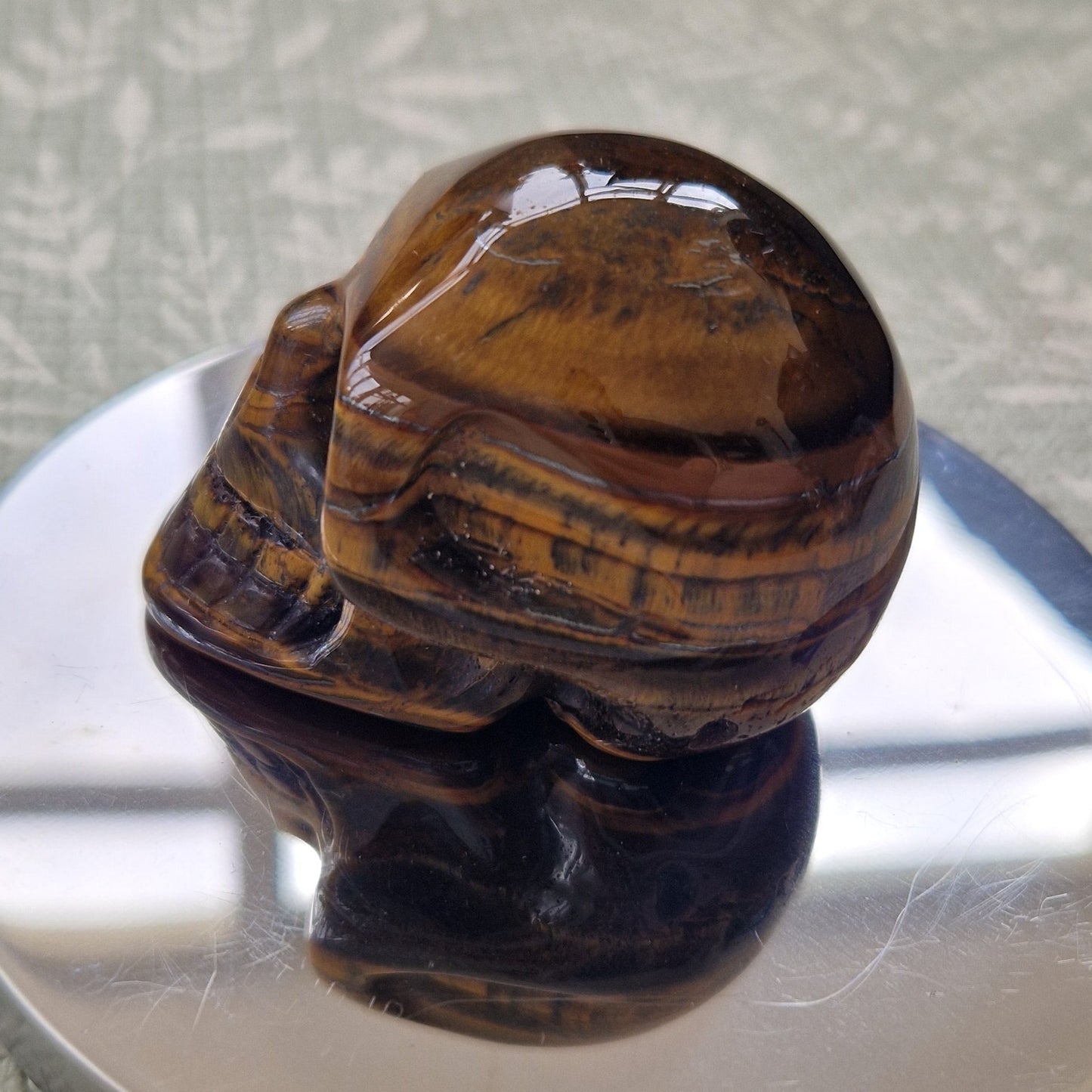 A polished tiger's eye crystal skull figurine resting on a reflective silver metal coaster, set on a textured light green surface.