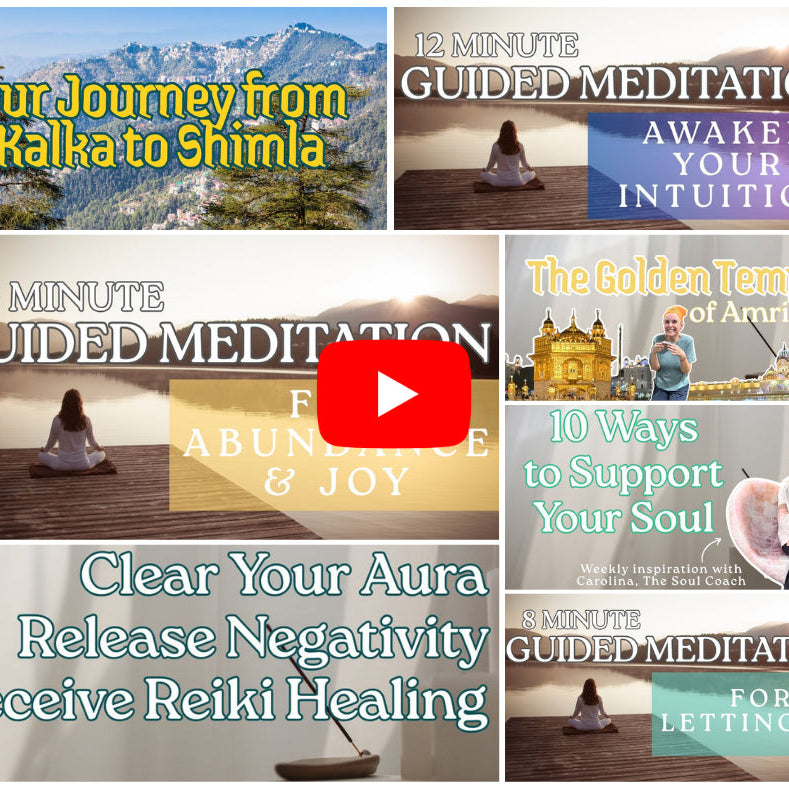 A promotional collage for guided meditation videos, featuring multiple panels with scenic backgrounds, text titles such as '12 Minute Guided Meditation,' '50 Minute Guided Meditation,' and 'Clear Your Aura Release Negativity Receive Reiki Healing,' plus a large red YouTube play button in the center.